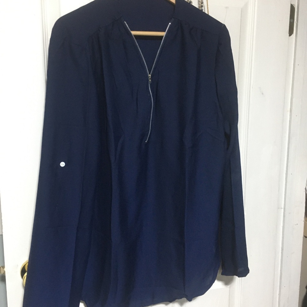 Navy Zip Front Long Sleeve Blouse